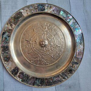 Mexican Aztec Mayan Calendar Silver Plate With Abalone Inlay